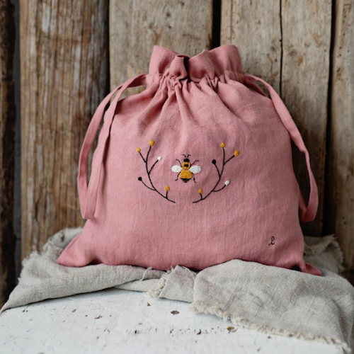 Hand Embroidered Linen Pouch -Bee