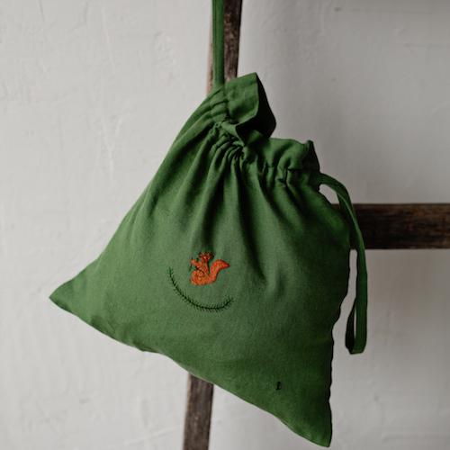 Hand Embroidered Linen Pouch -Squirrel