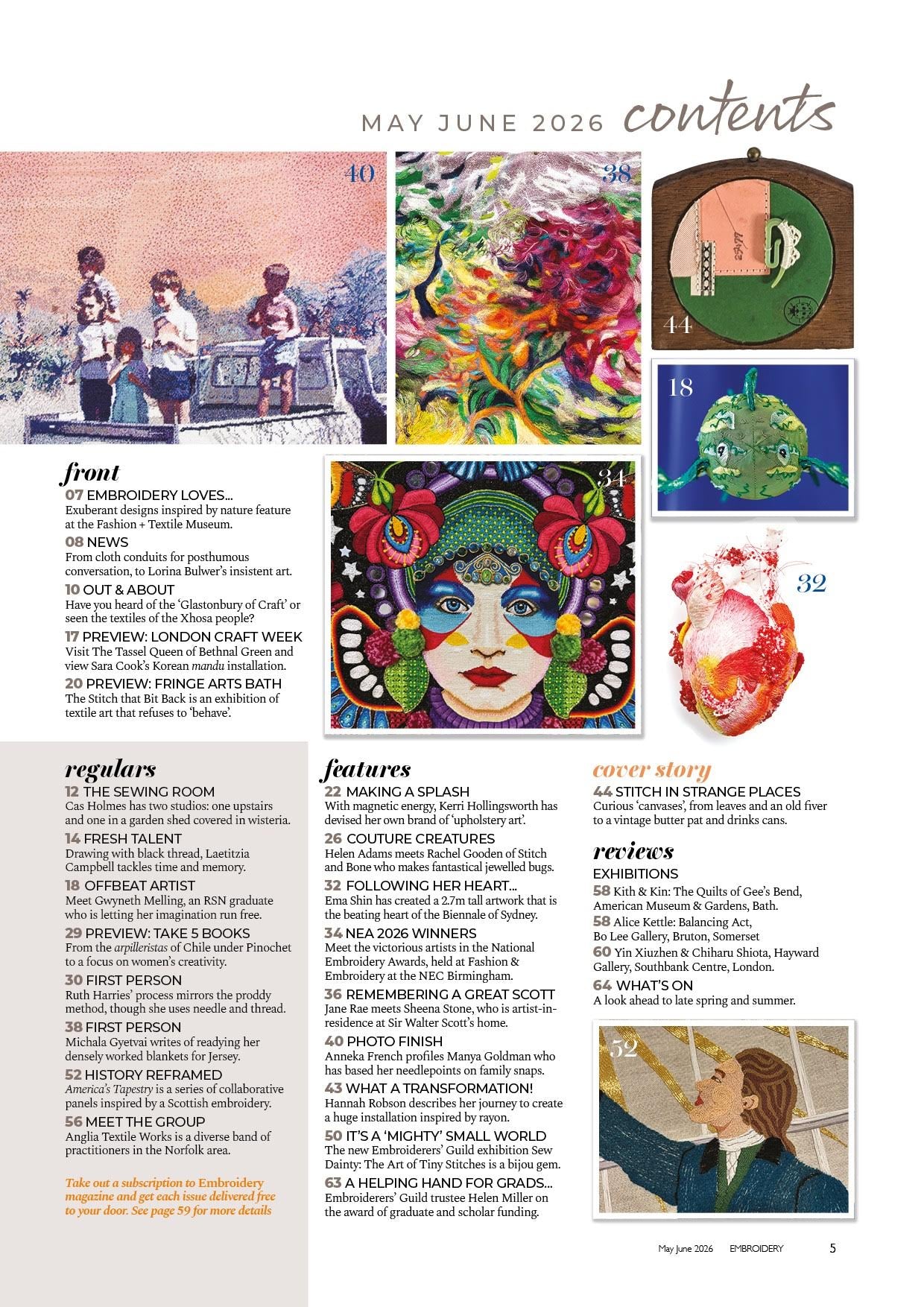 Magazine layout with various images and text sections on a white background