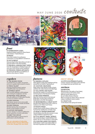 Magazine layout with various images and text sections on a white background