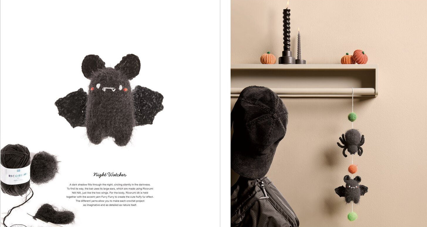 A two-page knitting pattern booklet spread showing a black crocheted bat toy on the left and a styled room scene with a black bat-shaped wall hanging on a shelf on the right.