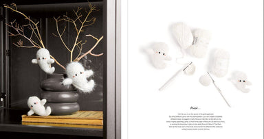 A two-page crochet pattern booklet spread showing finished white ghost-shaped plush toys and yarn needles, alongside a photo of the ghost toys displayed in a dark cabinet. The left page includes decorative branches and a small book, while the right page has a white background with the word 'Psst'