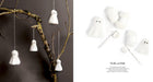 A two-panel product presentation of white crocheted ghost ornaments. The left panel shows several white felt ghosts hanging from thin strings attached to a rustic tree branch against a dark gray background.