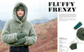 A printed magazine or book spread featuring a person wearing a chunky knitted hooded jacket outdoors, with the headline 'FLUFFY FRENZY' and smaller product text on the right page. The jacket appears heathered sage green, and the layout includes a small inset showing yarn, knitting needles, and a knitted swatch.