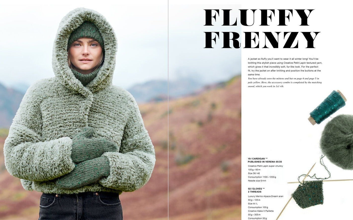 A printed magazine or book spread featuring a person wearing a chunky knitted hooded jacket outdoors, with the headline 'FLUFFY FRENZY' and smaller product text on the right page. The jacket appears heathered sage green, and the layout includes a small inset showing yarn, knitting needles, and a knitted swatch.