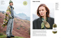 A two-page magazine spread featuring a woman outdoors wearing a knitted tweed scarf and a matching long striped knit wrap, with text and a small product bottle shown on the right page.