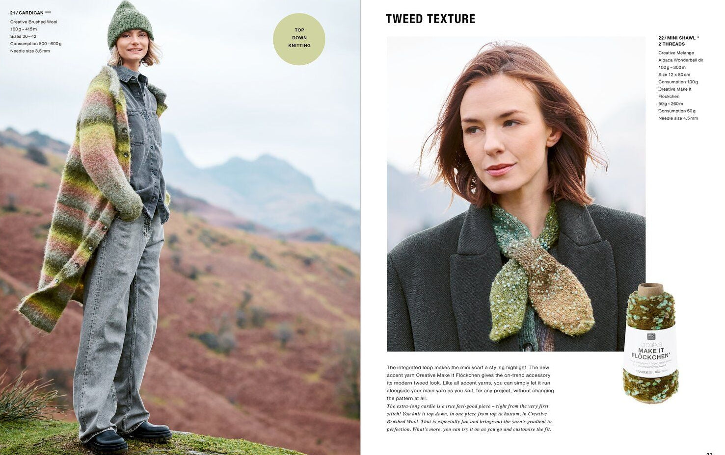 A two-page magazine spread featuring a woman outdoors wearing a knitted tweed scarf and a matching long striped knit wrap, with text and a small product bottle shown on the right page.