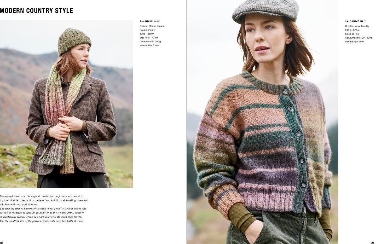 A two-page fashion magazine spread showing a woman outdoors wearing a knit cardigan with horizontal stripes in muted earthy tones, along with a hat and scarf. The right page features a larger photo of the knitwear, with the left page showing a smaller styled view and text headings including 'MODERN COUNTRY STYLE'.