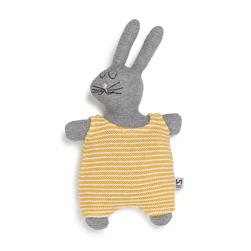 Gray rabbit plush toy with a yellow striped outfit on a white background