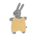 Gray rabbit plush toy with a yellow striped outfit on a white background