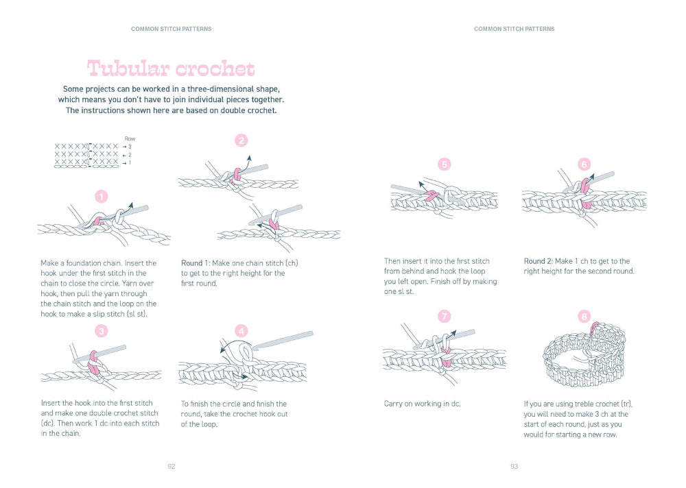 Instructions for tubular crochet on a white background