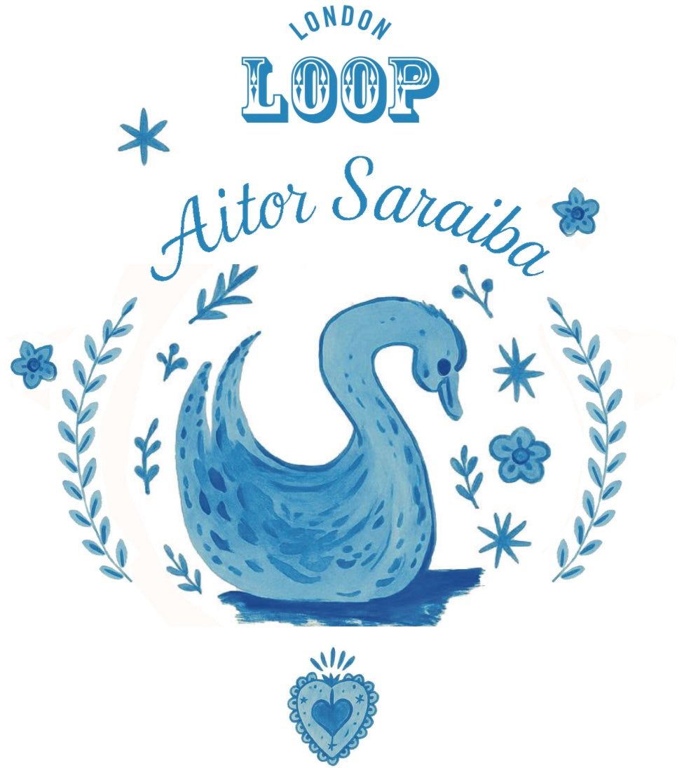 Blue swan illustration with 'London Loop' and 'Aitor Saraiba' text on a white background
