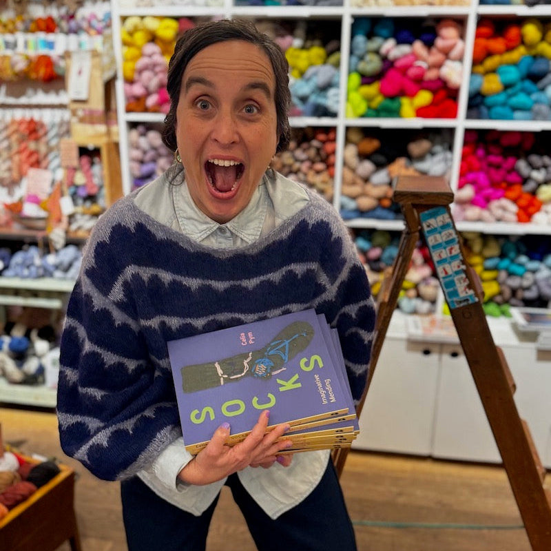 Person holding a book titled 'Socks' in a yarn store