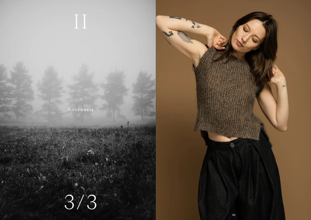 Woman in a textured top and black pants against a brown background, with a foggy landscape on the left.