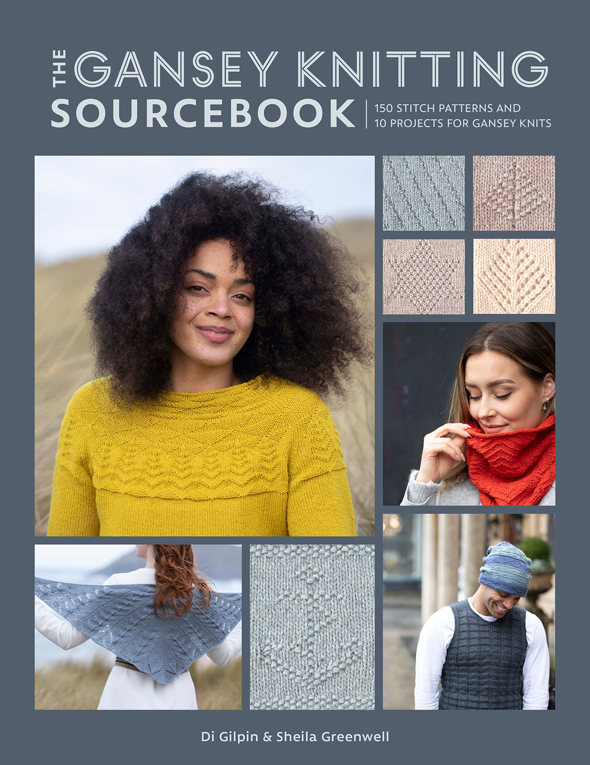 Cover of 'The Gansey Knitting Sourcebook' with images of people wearing knitwear and text about stitch patterns and projects.