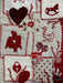 Embroidered fabric with red and white patterns including hearts, birds, and floral designs.