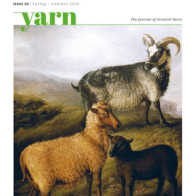 Cover of 'yarn' magazine featuring a painting of sheep and goats in a landscape.
