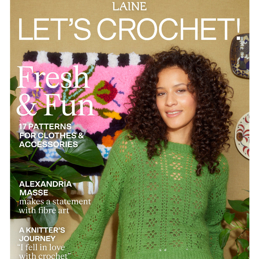 Magazine cover featuring a woman wearing a green crochet sweater with text about Laine Crochet patterns.