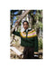 Person wearing a green sweater with a colorful pattern in a forest setting