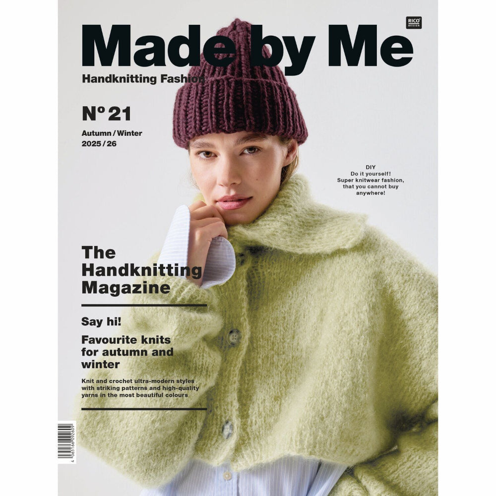 Cover of 'Made by Me' handknitting magazine featuring a person wearing a knitted hat and coat.