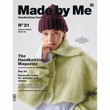 Cover of 'Made by Me' handknitting magazine featuring a person wearing a knitted hat and coat.