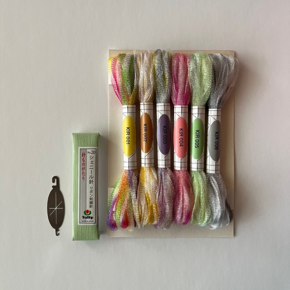 Set of colorful embroidery threads in a package on a light background