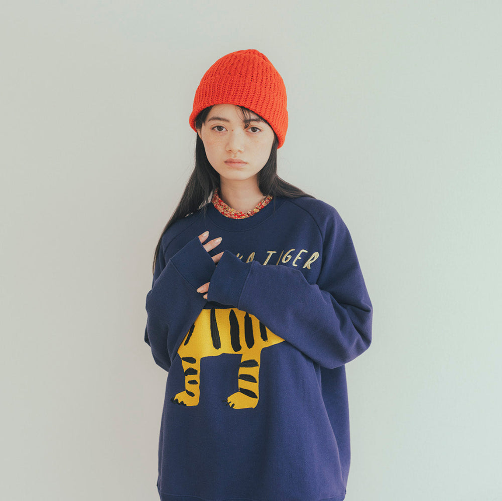 Person wearing a navy blue sweatshirt with a tiger design and a red beanie on a plain background
