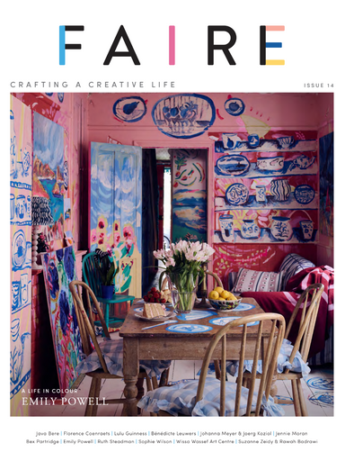FAIRE magazine cover, Issue 14, featuring a colorful interior room with paintings, patterned wallpaper, a wooden dining table, chairs, and flowers. The title FAIRE appears at the top in large multicolored letters.
