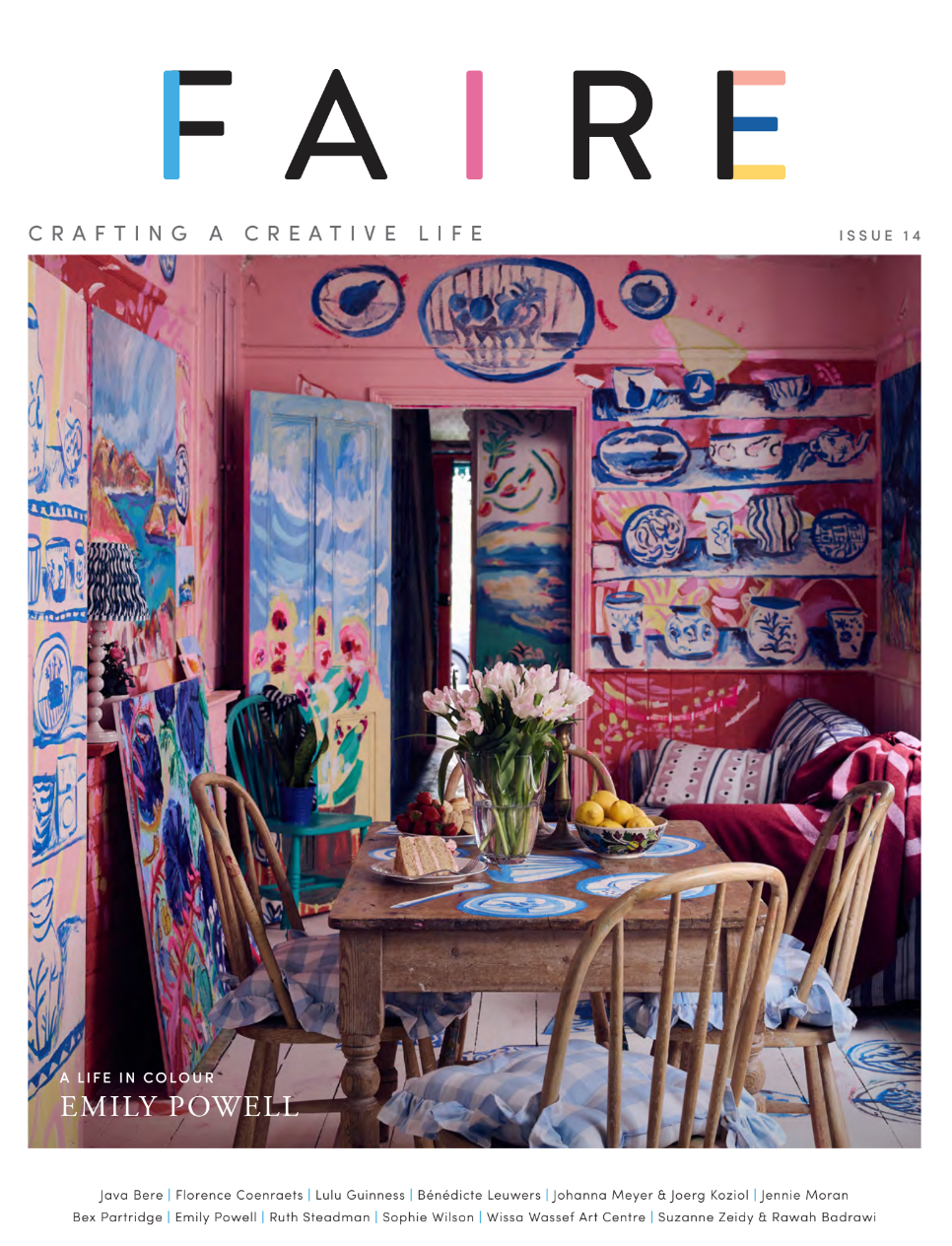 FAIRE magazine cover, Issue 14, featuring a colorful interior room with paintings, patterned wallpaper, a wooden dining table, chairs, and flowers. The title FAIRE appears at the top in large multicolored letters.