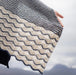 Person holding a patterned fabric against a cloudy sky