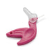 Pink ear cleaning tool with a white handle on a white background