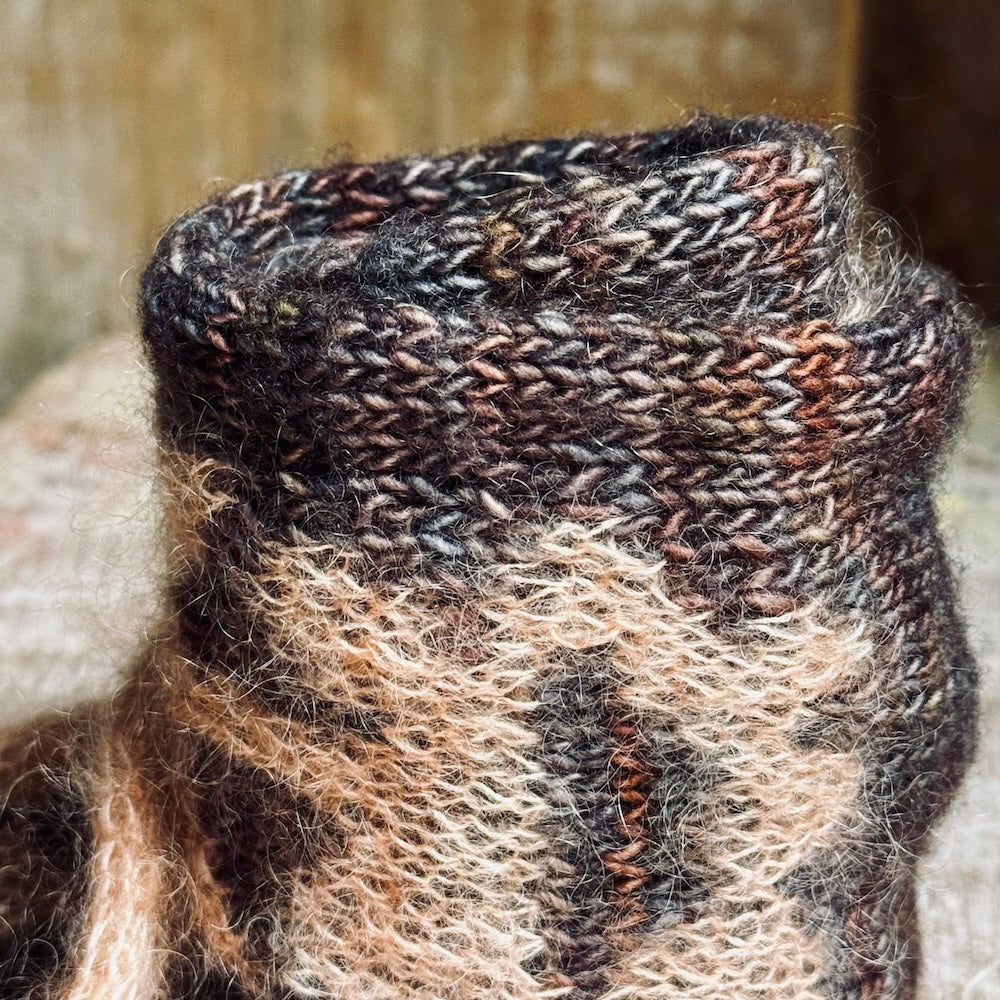 Close-up of a knitted scarf with a textured pattern.