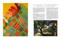 Quilt with colorful patterns on a yellow background, accompanied by text and a scenic photo.