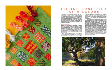 Quilt with colorful patterns on a yellow background, accompanied by text and a scenic photo.