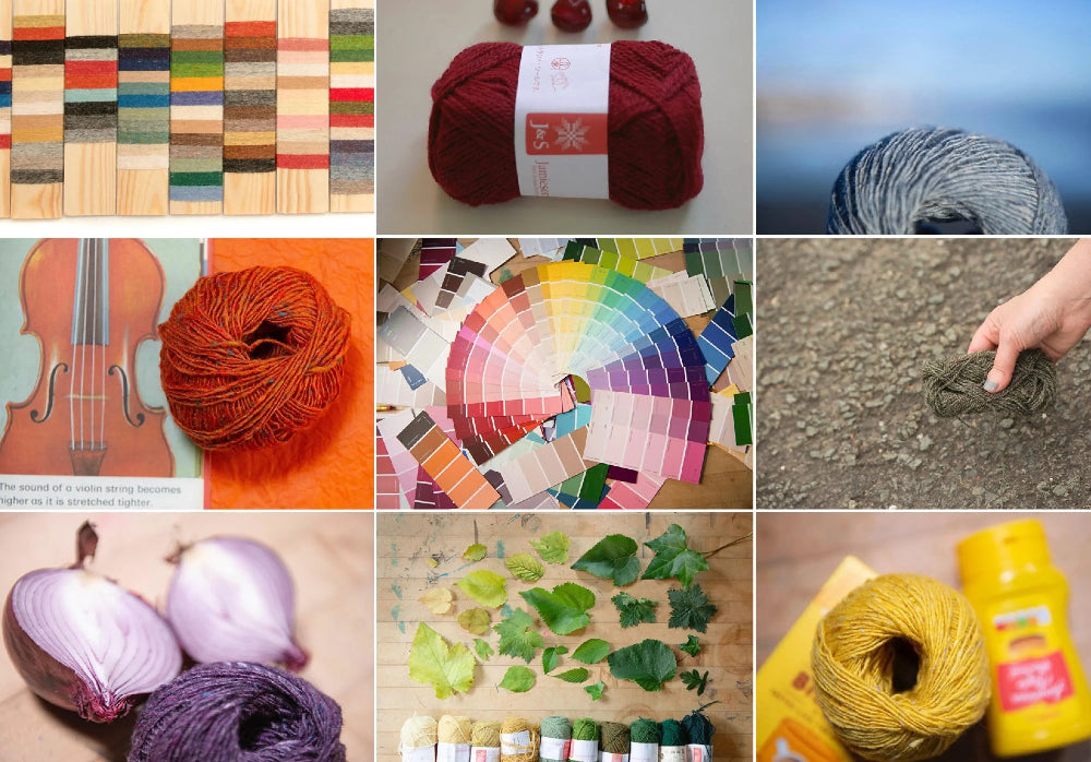 Collage of various yarns, color swatches, and natural materials.