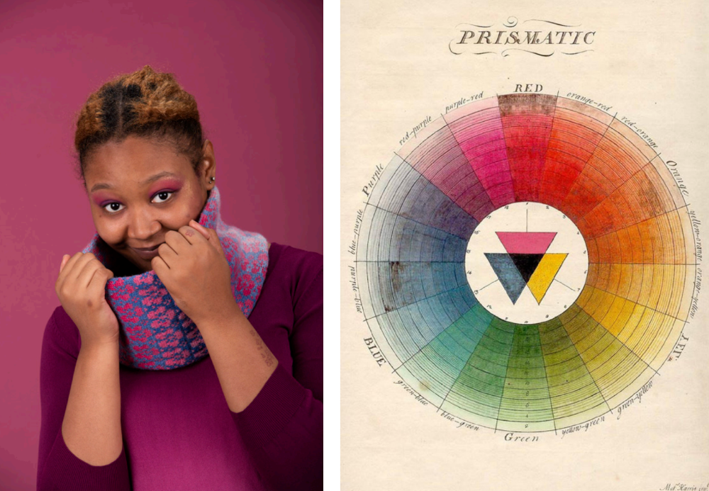 Person wearing a colorful scarf with a Prismatic color wheel on a beige background