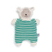 Knitted toy with a sheep face and green and white striped body on a white background