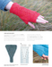 Red knitted fingerless gloves held in front of grass, with pattern chart and additional examples below.