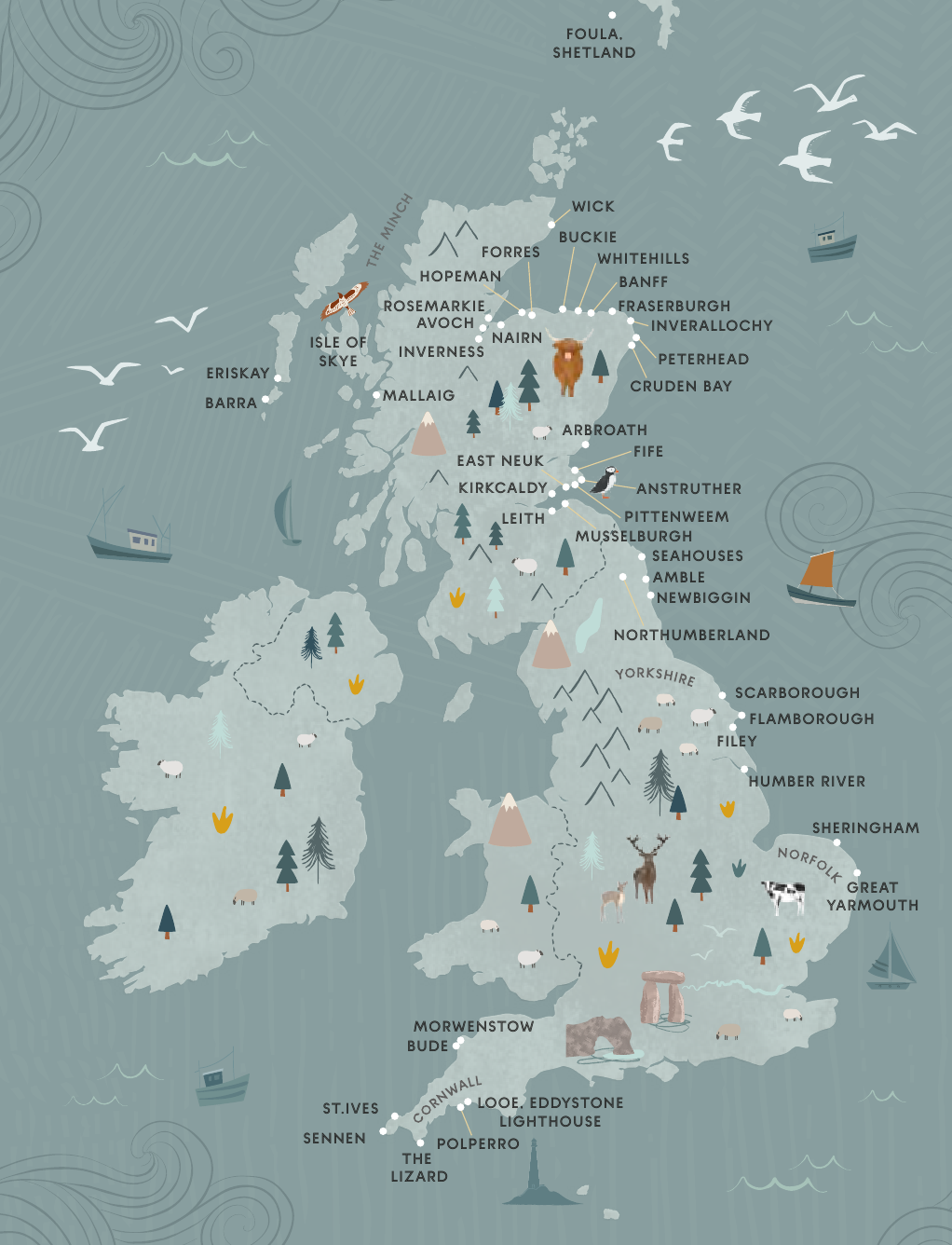 Map of the UK with various icons and labels on a light blue background