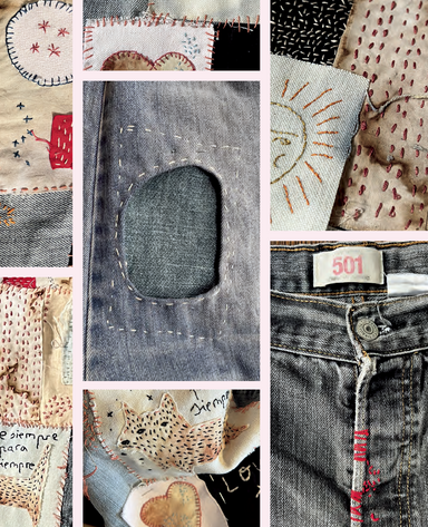 Collage of denim fabric with embroidered designs and a close-up of a jeans label.