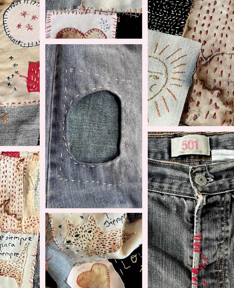 Collage of denim fabric with embroidered designs and a close-up of a jeans label.