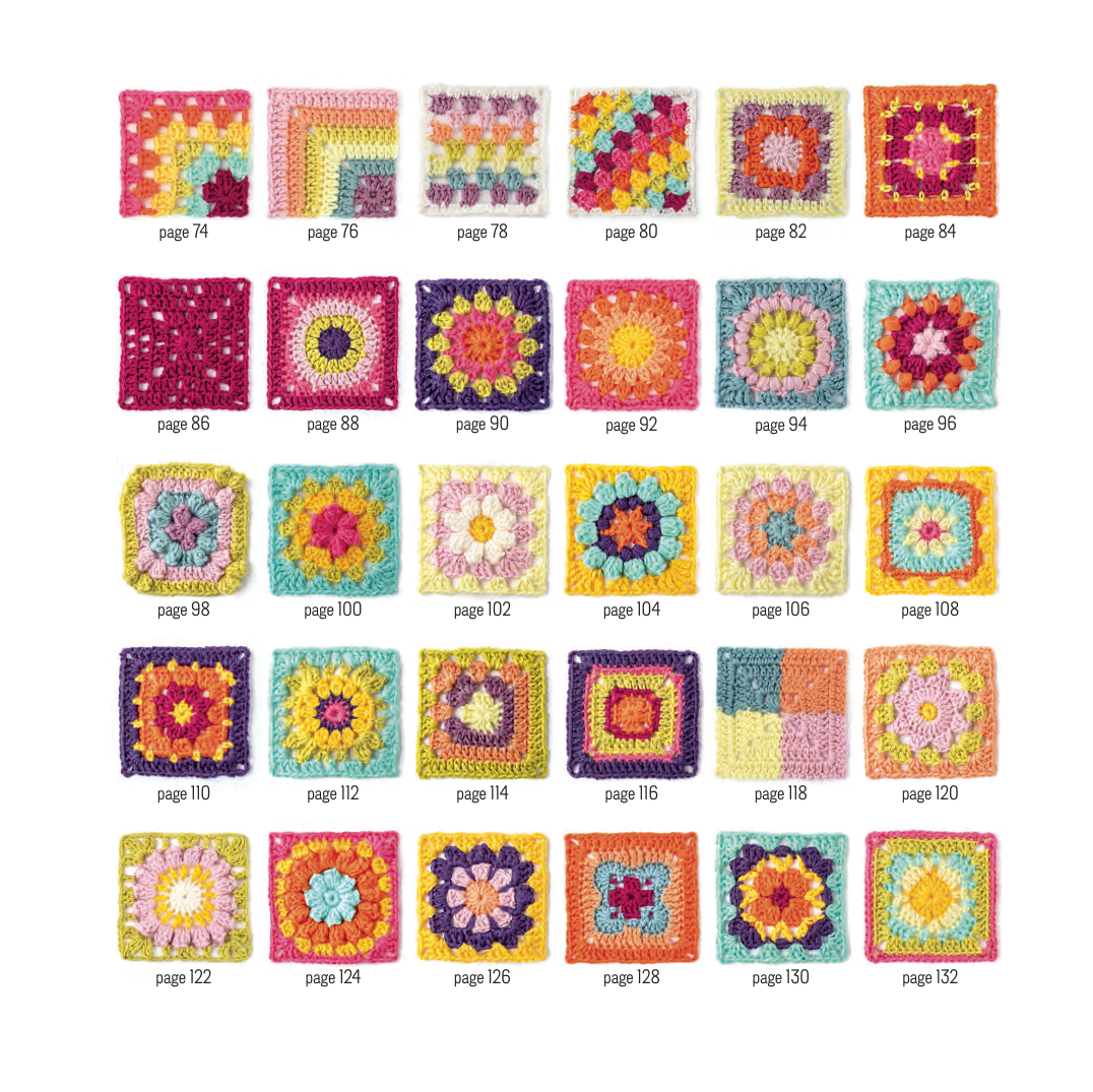 Grid of colorful crochet squares with page numbers on a white background