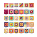 Grid of colorful crochet squares with page numbers on a white background