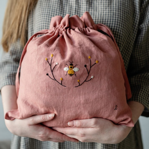 Hand Embroidered Linen Pouch -Bee