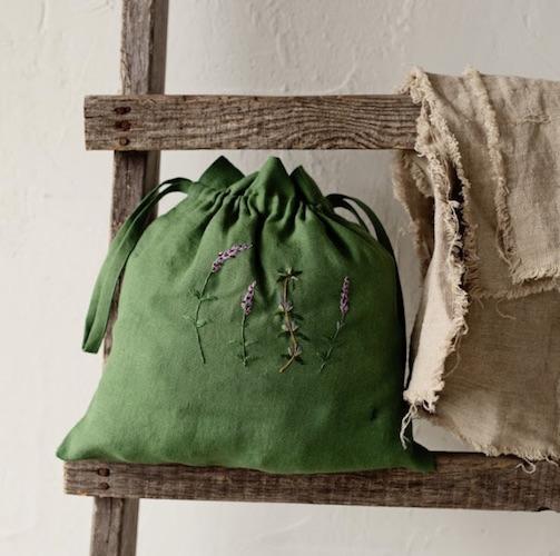 Hand Embroidered Linen Pouch -Rosemary and Lavender