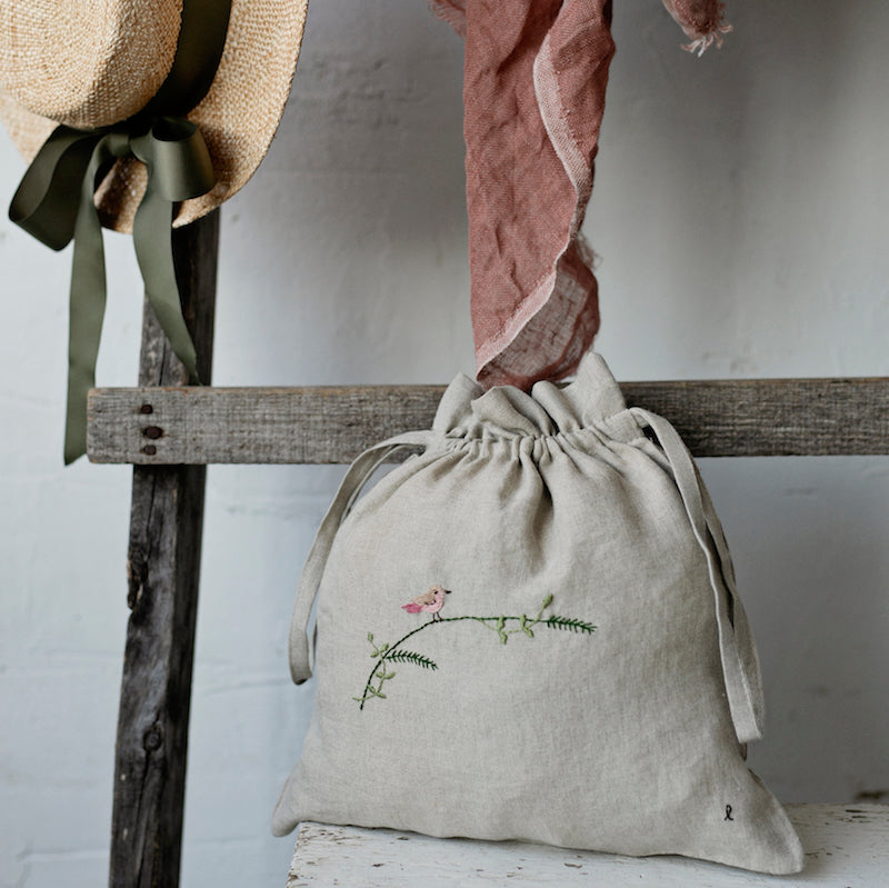 Hand Embroidered Linen Pouch -Bird and Flower