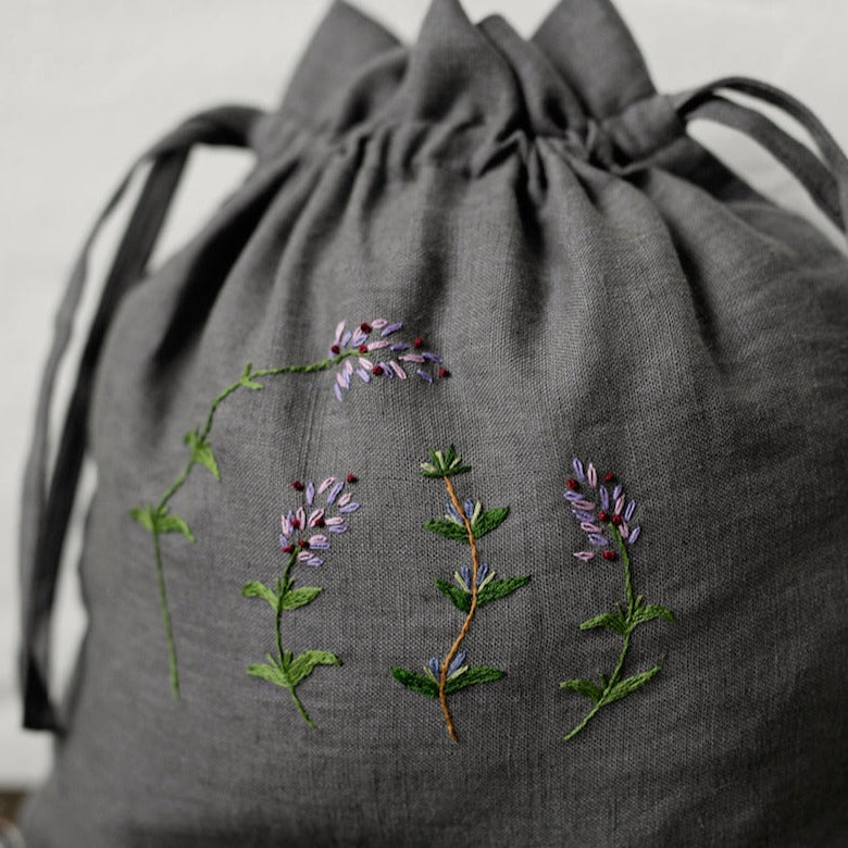 Hand Embroidered Linen Pouch -Rosemary and Lavender