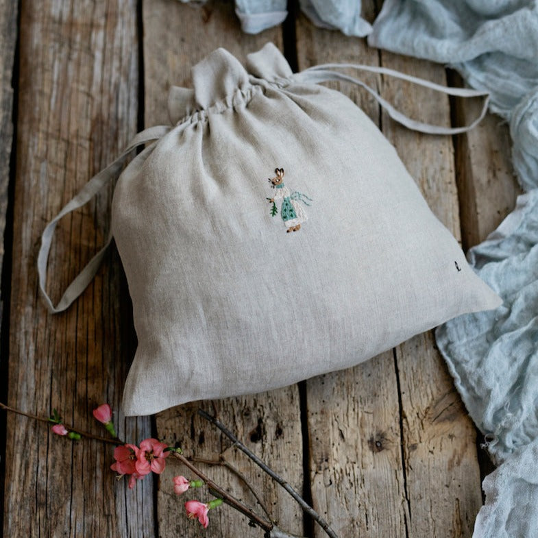 Hand Embroidered Linen Pouch -Rabbit
