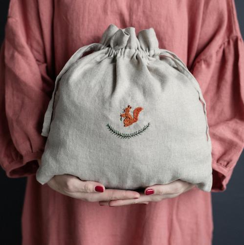 Hand Embroidered Linen Pouch -Squirrel