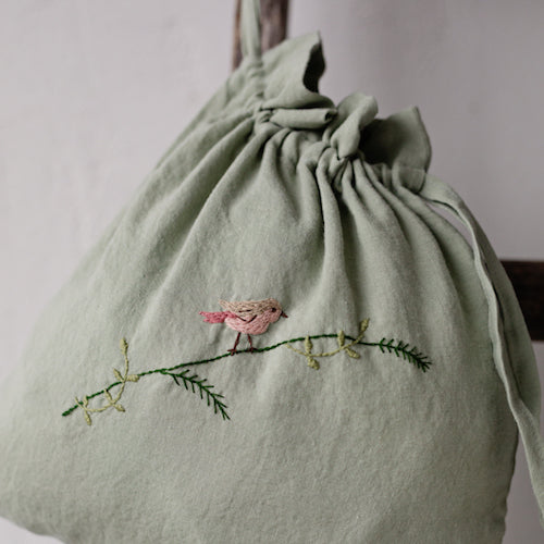 Hand Embroidered Linen Pouch -Bird and Flower